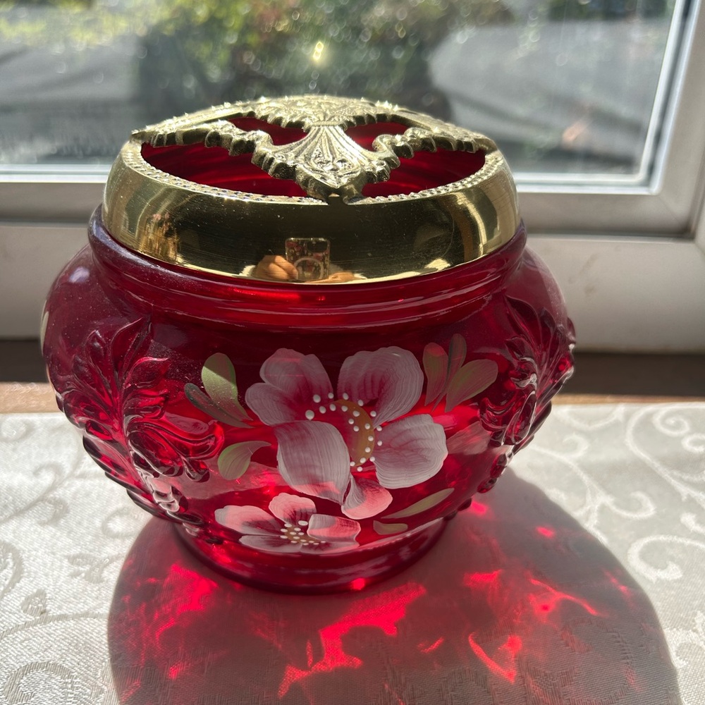 Vintage Hand Painted Fenton Red and Gold Floral Vase